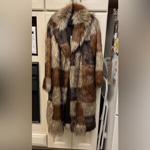 ZARA Patchwork Faux Fur Long Coat Brown Beige Statement Jacket -Small -NWT